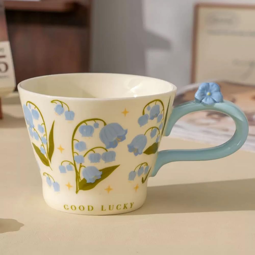 Huiyiwert Porzellan Blumentasse niedliche Kaffeetasse 350ml Porzellan Kaffeebecher mit Blumenmuster Frühstückstasse Milchbecher Latte Tasse mit Henkel spülmaschinenfest (Blau)