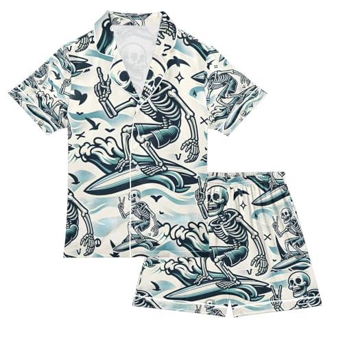 senya Skeleton Catches A Wave Satin Summer Pajama Sets Silk Short Sleeve Button Down Sleepwear