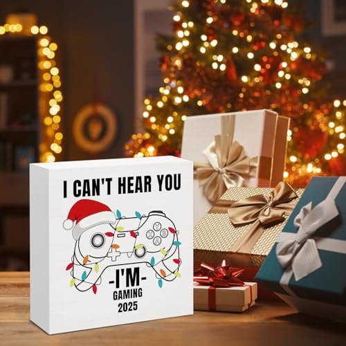 Image of Gaming Christmas Decor, Gamer Gifts, I Can't Hear You I'm Gaming Wood Box Sign, Christmas Home Office Decorations for Desk Table Shelf 5 X 5 Inches