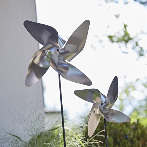 Großes Windrad Edelstahl Garten - Matt Silber - Dekoratives Windrädchen - Ø 36cm/Höhe: 110cm - Wetterfest - Hochwertige Qualität & Stabiler Standstab - Edler Blumenstecker/Windräder - Dekoration