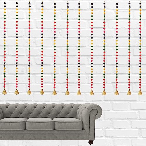 Image of DSCYENTES Pom Pom Door Side Hangings for Decoration, Ganesh Chaturti Decoration, Wall Hanging for Main Entrance,Temple Pooja Room, Stylish & Handmade Diwali Hanging (4 Feet, 12 Pc's)