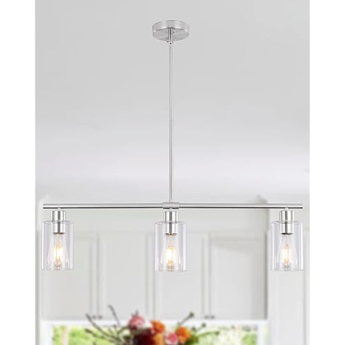 LWYTJO 3 Lights Pendant Light Nickel, Kitchen Island Modern Lighting Fixtures, Farmhouse Linear Ceiling Chandeliers with Glass Shade, Adjustable Height Hanging Lamp for Dining Living Room