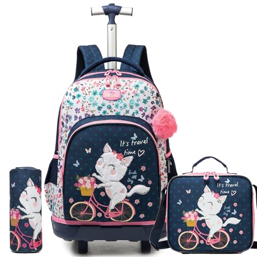 Backpack with Wheels for Girls Rolling Backpack for School with Lunch Bag Cute Carry On Backpacks for Elementary Student