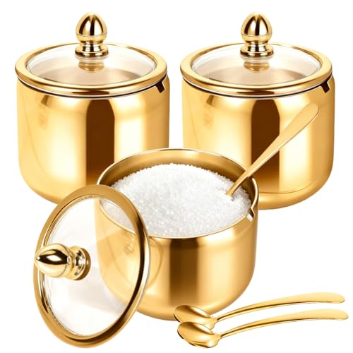Frdhee 3 Set Sugar Bowl with Lid and Spoon, 8.5oz Stainless Steel Sugar Jar Salt Pot, Modern Gold Sugar Container Rustproof Condiment Pots for Seasoning Sugar Salt Coffee Bean