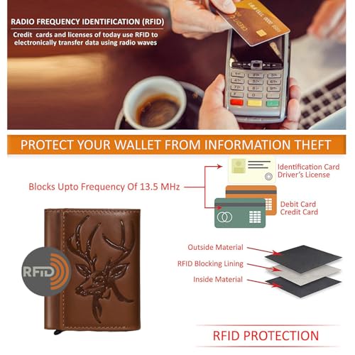 Image of DEOCRAFT Men's Genuine Leather RFID Wallet | Premium Slim Red Wallet for Men with Deer 3D Print | 8 Card Slots Secure and Durable | Casual Stylish | Formal & Gifting Use, Golden (TAN)