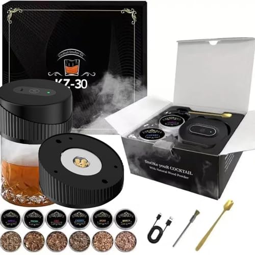 Electric Whiskey Smoker Kit with Sloped Magnetic Design and 6 Wood Chips, Rechargeable Cocktail Smoker with Built-in Lighter, No Butane Needed