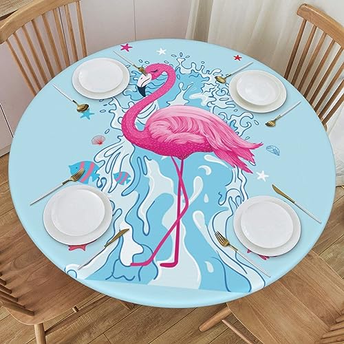 Delerain Tropical Flamingos Round Fitted Tablecloth, Waterproof Round Table Cloth with Elastic Edged Washable Table Cover for Indoor Outdoor Fits 45