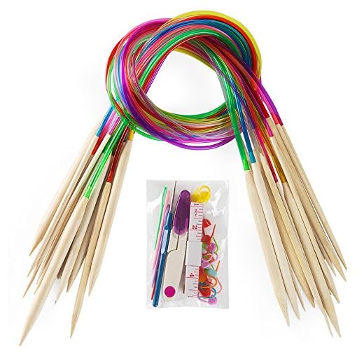 18 Pairs Bamboo Knitting Needles Set, Vancens Circular Wooden Knitting Needles with Colorful Plastic Tube, Small Tools for Weave are Included, 18 Sizes: 2mm - 10mm, 31.5" Length
