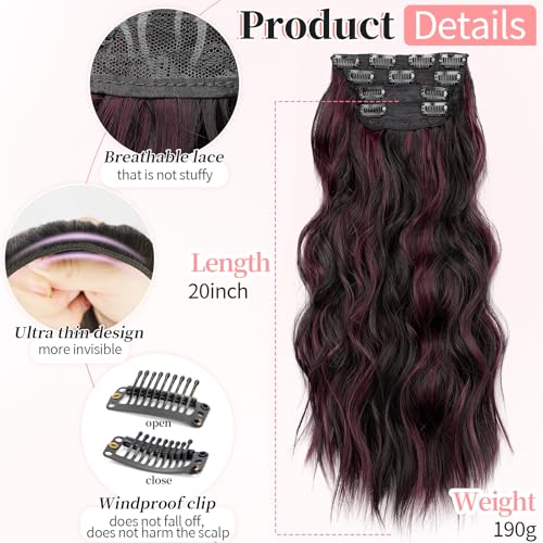 Image of KooKaStyle Wavy Thick Clip in Hair Extensions 20 inch Burgundy mix Dark Brown | 4 Pieces Clip in Extensions,Fiber Double Weft Hairpieces,Natural Volume,Beach Wave Long Synthetic Hairpieces for Women