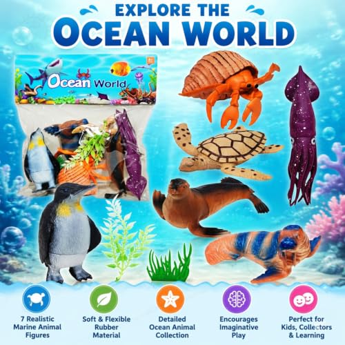 Image of SHAKTISM Ocean World Animal Toy Set for Kids - 6 PCS Realistic Sea Creature Figures, Penguin, Turtle, Seal, Crab, Squid, Shrimp, Plants, Educational Ocean Playset for Boys & Girls