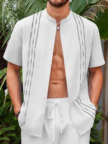 Image of Runcati Mens Short Sleeve Guayabera Shirts Linen Cotton Button Down Mexican Embroidered Cuban Wedding Shirt Summer Beach Tops