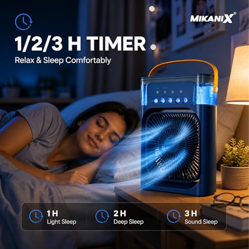 Image of MIKANIX Mini Cooler Fan with Water Spray & LED Light | Portable Personal Air Conditioner with 1 /2 /3H Timer for Bedroom, Office & Kitchen (Blue)