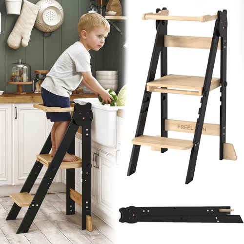 Freelawn Lernturm Klappbar & 3-Fach Höhenverstellbar - Kippsicherer Learning Tower aus Kiefernholz - Mitwachsender Trittschemel für Kinder (1-5 Jahre) - Stabiler Küchenhelfer & Entdeckerturm (Schwarz)