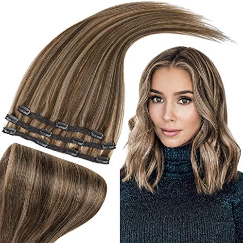 RUNATURE Clip in Hair Extensions Real Human Hair 20 Inch Blonde Hair Highlights Brown Hair Clip on Extensions Human Hair 50g 3Pcs Clip in Hair Extensions