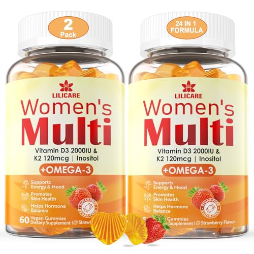 Womens Multivitamin Gummies, Sugar-Free Methylated Multivitamins w/D3 + K2, Vegan Omega 3, Algae Calcium, Daily Vitamin A C E B6 B12 Folate, Inositol, Minerals for Energy, Mood, Bone, Hormore, 120 Cts