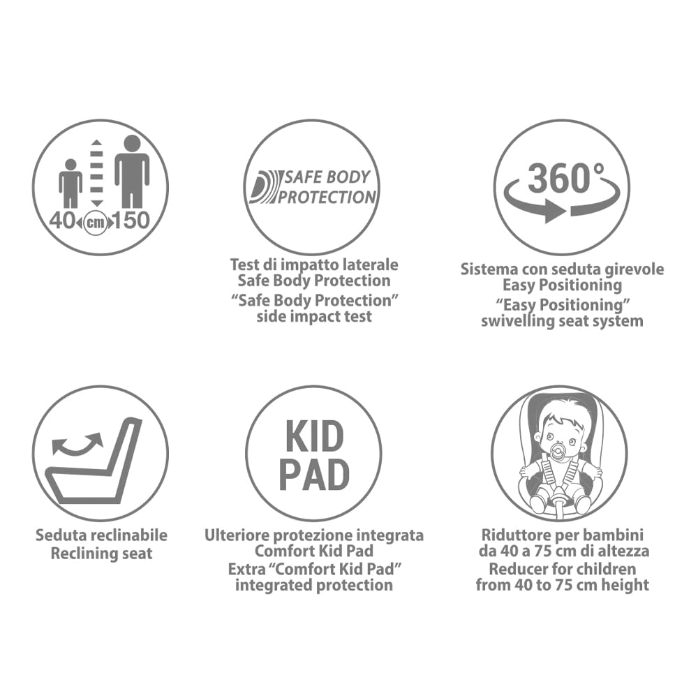 Foppapedretti FP360 Quick i-Size, Seduta Girevole a 360°, per bambini da 40 a 150 cm di altezza, 0-12 anni, conforme ECE R129, Fissaggio Dualfix (Isofix e non), Safe Body Protection, Grey