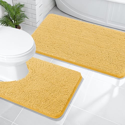 Image of OLANLY Bathroom Rugs Sets 2 Piece, Soft Absorbent Chenille Bath Mats and U-Shaped Contour Toilet Mat Area Rug Set, Machine Washable Bath Carpet, Home Decor Accessories(47 inchx20 inch+24 inchx20 inch, Yellow)