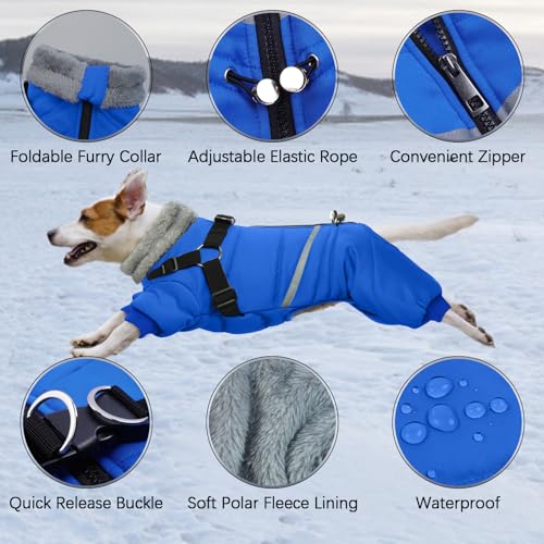 Image of BRKURLEG Blue Dog Winter Coat, Cozy Winter Dog Jackets, Small Dogs Coat with Harness, Onesie Body Warm Puppy Christmas Jacket, Pet Reflective Cold Weather Jackets, Puppy Four-Legged Puffer Coats,L