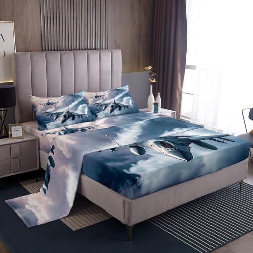 Aircraft Boys Sheet Set 3D Airplane Fighter Plane Bedding Set Blue Gray Cloud Bed Sheets for Boys Bedroom Sky Planes Bed Set (Twin Flat Sheet & Fitted Sheet with 1 Pillow Case)