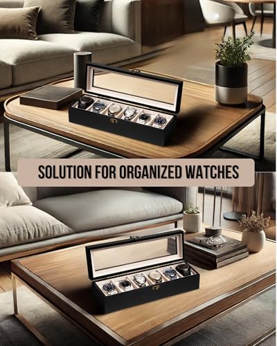 Image of Watch Box, Watch Case for Men Women with Large Glass Lid, Wooden Watch Display Storage Box with 6 - Slots, Charcoal Black Mens Watch Box Organizer