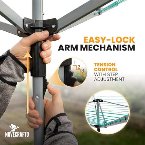 NOVECRAFTO 50m Rotary Washing Line – Easy-Lock System 4-Arm Garden Outdoor Clothes Dryer – Powder-Coated Steel Frame Whirly Airer with UV-Resistant Cords, Metal Ground Spike & Storage Cover - Image 3