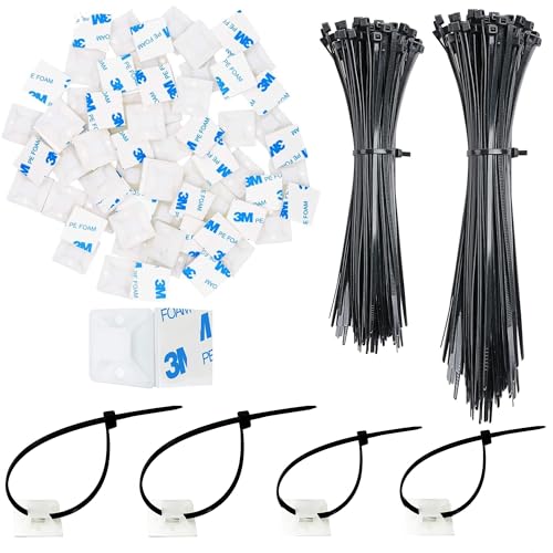 200 Stück Kabelbinder Set 120mm/150mm und 100 Stück Selbstklebend Kunststoff Klebesockel Basishalter für Kabelbinder abelbefestigung (Schwarz)