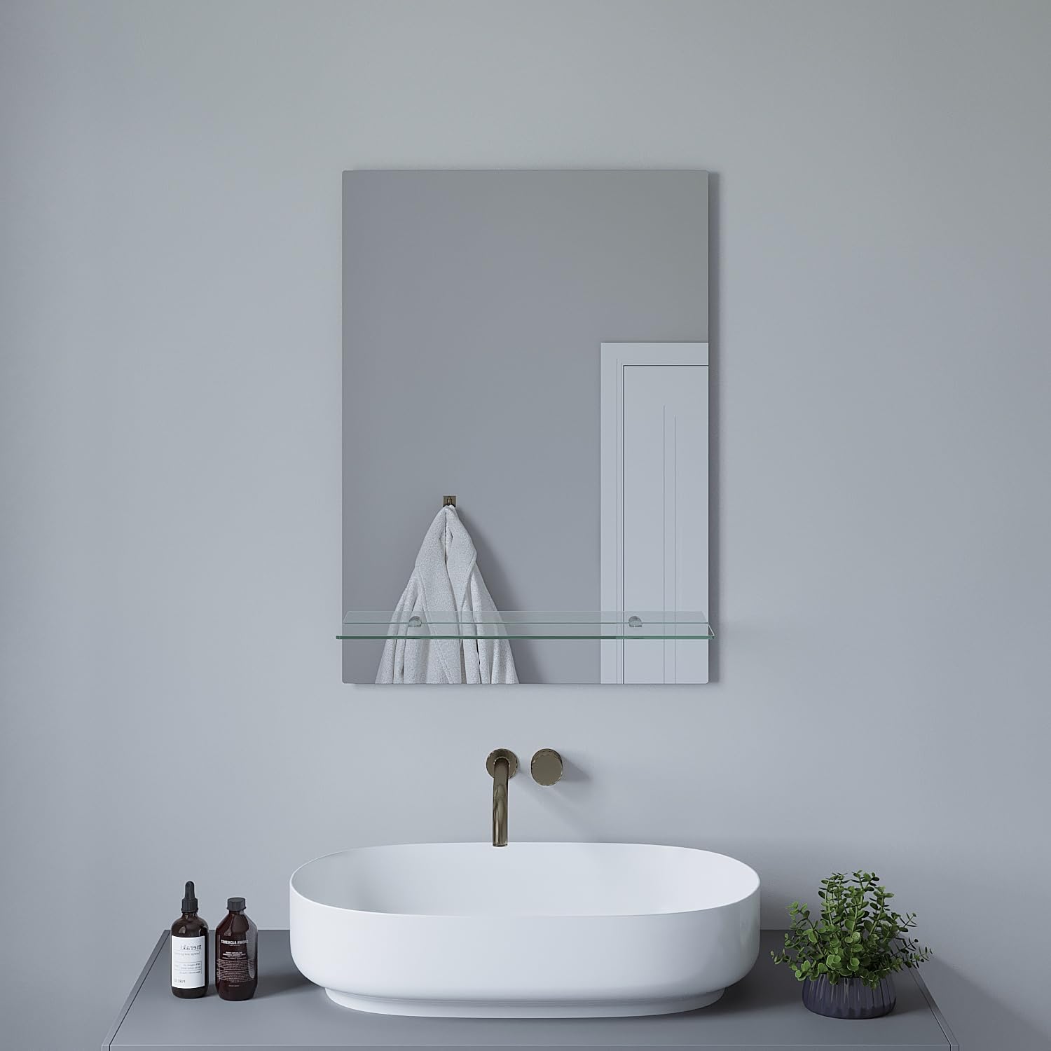AQUABATOS Badspiegel mit Ablage ohne Licht Beleuchtung 50 x 70 cm Wandspiegel Badezimmer Spiegel ohne Rahmen Badezimmerspiegel Hängespiegel Rechteckig Glasregal Glasablage