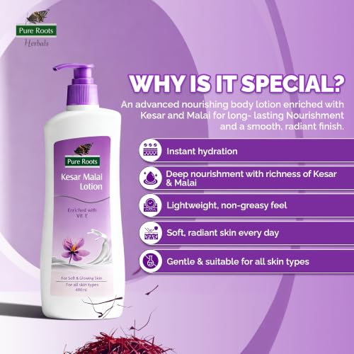 Image of Pure Roots 400ml Each Kesar Malai & Cocoa Butter Body Lotion Combo Pack (Pack of 2) | Nourishing & Hydrating Moisturizer for Men & Women | Fast Absorbing, Non-Sticky Lotion for All Skin Types - Total 800ml