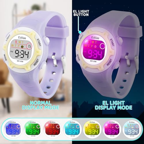 Edillas Kids Watches Digital Girls Boys, 7 Colors Light Waterproof Sport Outdoor Multifunctional Wristwatch for Child with Stopwatch/Alarm for Ages 4-152