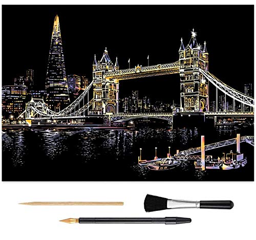 Wbeng Scratch Art Rainbow Coloring Paper, Sketchpad DIY Night View Scratchboard para niños y Adultos, Grabado Art & Craft Set, 16 '' x 11.2 '' con 3 Herramientas (Puente de la Torre)