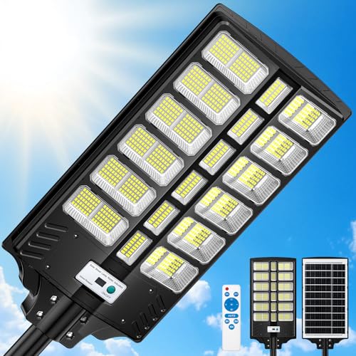 Solar Street Lights Outdoor Waterproof 9000W, Large Commercial Solar Powered Parking Lot Lighting Dusk to Dawn with Motion Sensor & Remote Control, 7000K Heavy Duty LED Street Lamp for Driveway, Yard