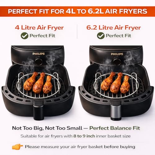 Image of Yumun Air Fryer 7 Inch Round Grill Stand with 2 Handles | 4L-6.2L Compatible | Stainless Steel BBQ Rack for Air Fryer, Microwave & Oven | 3 Skewers Included | Check Size Before Buying