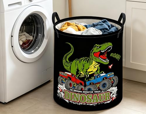 Image of ESSME Kids Laundry Basket,Dinosaur Hamper Collapsible Canvas Waterproof Storage Bin for Boys, Cute Hamper,Gift Baskets(Black Dinosaur)