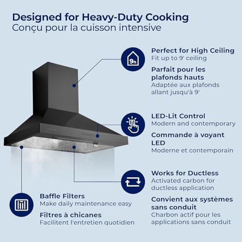 Image of Hauslane 30 inch Wall Mount Range Hood - Black Stainless Steel, Fingerprint-Resistant, 3-Speed Fan, LED Lighting, Dishwasher-Safe Baffle Filters, Ducted or Ductless Convertible, Easy Clean Design