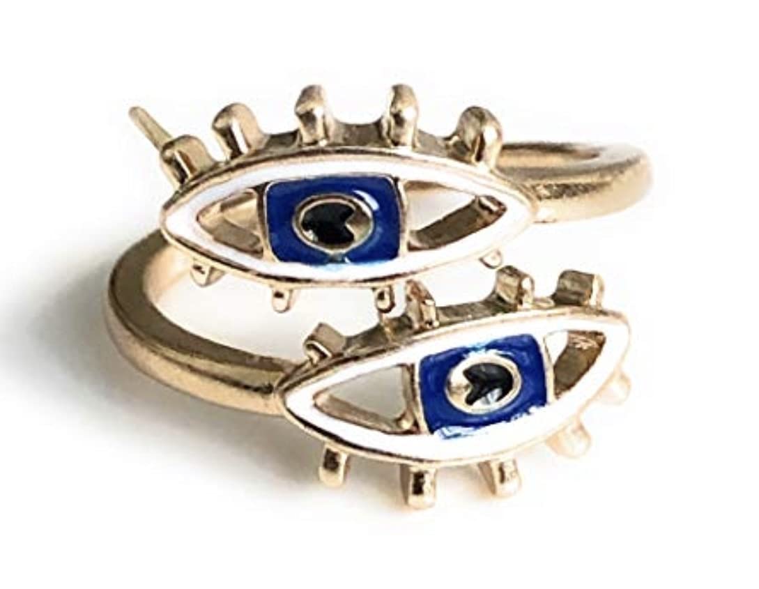 Double Evil Eye Gold Ring with Enamel Evil Eye Center