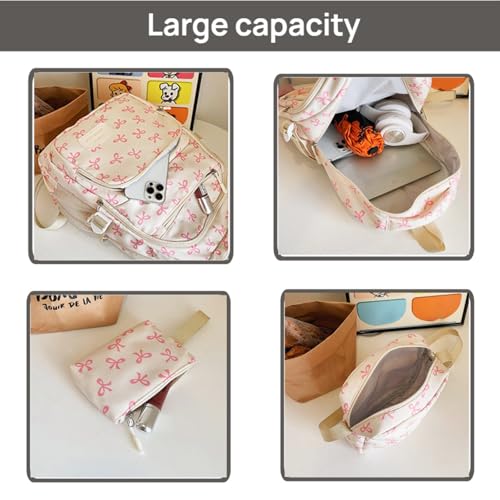 Bow Backpack 3Pcs Set for Girls,Aesthetic Daypack Bow Rucksack,New Cute Kawaii Backpacks Set Large Capacity (White Pink) 6