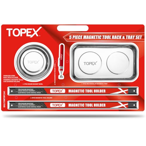 TOPEX 5 PCE Large Magnetic Parts Trays Tool Holder Strip with Pickup Set, Stainless Steel Heavy Duty 5-3/8"(136mm) W x 9-3/8"(237mm) L Square and 6"(148mm) Round Bowl Trays, 18"(460mm) Magnet Bar