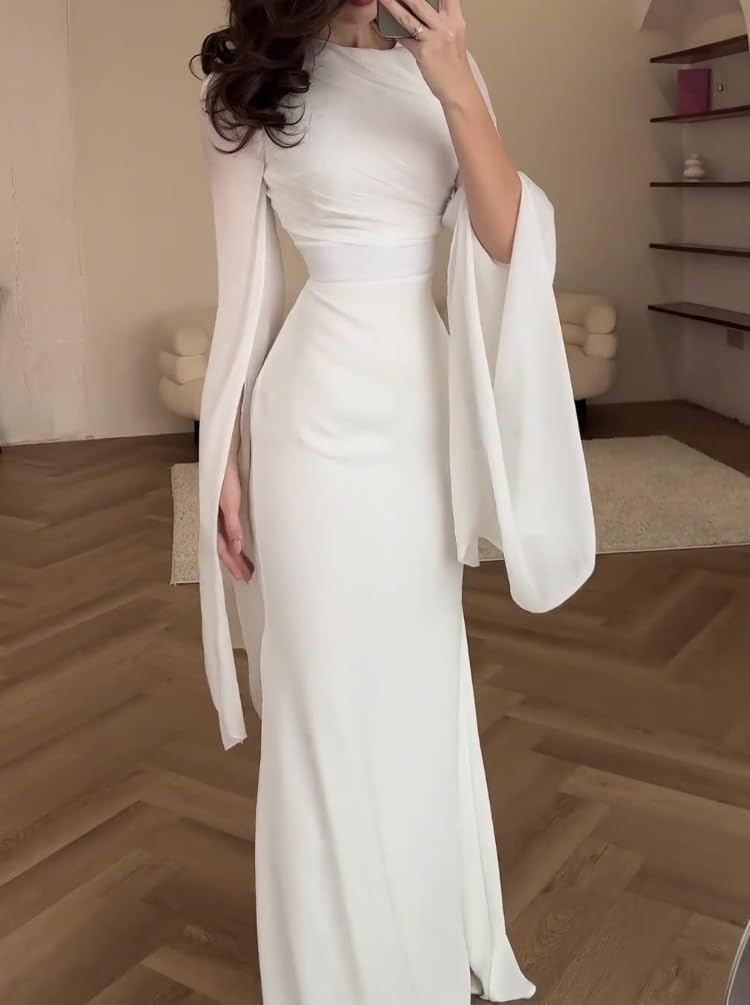 Eleganti Abiti Lunghi da Damigella D'onore da Banchetto Abiti da Ballo Colore Solido Splicing Swing Sleeve Girocollo Lunghi in Raso Sottile