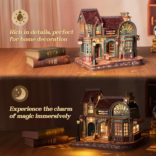 Image of FUNPOLA 3D Wooden Puzzle Magic Bookstore with LED Lights - DIY Miniature Kit, Spellbound Bookshop, Home Decor Display, Creative Gift for Adults and Teens