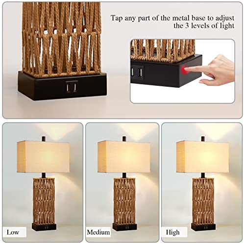 Rattan Table Lamps For Bedroom Set Of 2, 3 Way Dimmable Touch Bedside Lamp With 2 Usb Ports, Modern Coastal Rectangular Wicker Desk Lamps For Nightstand Living Room End Table, Bulbs Included (Natural) #TOP2