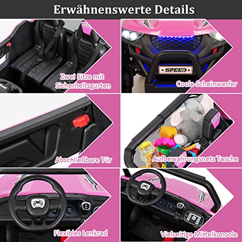 COSTWAY 2 Sitzer Kinderauto mit 2,4G Fernbedienung, 12V Kinder UTV mit Musik und Scheinwerfer, Elektro Auto 2-4 km/h, für Kinder ab 3 Jahren (Rosa)