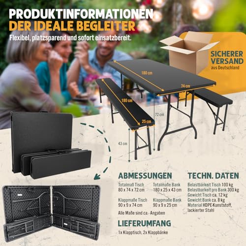Devillo® Bierzeltgarnitur klappbar 3‑teilig – Tisch 180x74x72 cm + 2 Bänke 180x25x43 cm – Campingtisch, wetterfest & pflegeleicht, Anti‑Rutsch – mit Tragegriffen – für Camping, Garten – Anthrazit 5