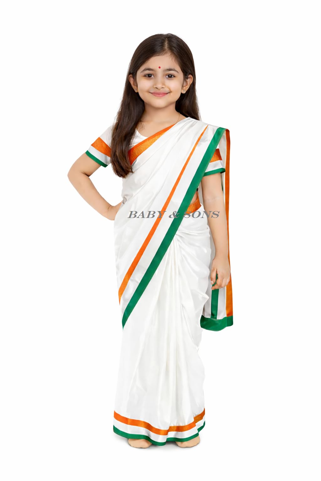 Baby & Sons Traditional Tricolor Saree for Kids | White Saree for Girls with Blouse | Pre-Stitched Ready to Wear Saree for Fancy Dress, Independence Day & Cultural Events-image-5
