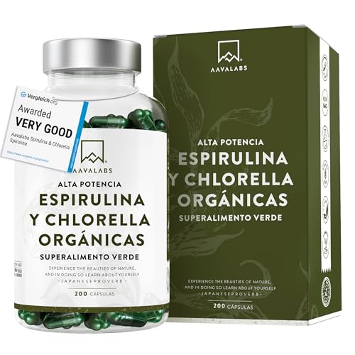 Espirulina y chlorella orgánica - mezcla de algas azules ricas en fitonutrientes - 200 spirulina organica capsulas - alga spirulina y chlorella- 1800 mg/dosis diaria- 100% veganas