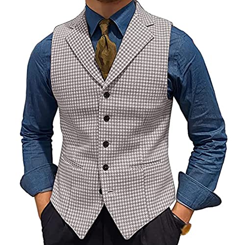 Men's Tweed Plaid Lapel Suit Vest Casual Formal Dress Waistcoat Tank Top with 5 buttons and 2 Pockets for Work Party ( Color : Grey , Size : XX-Large )