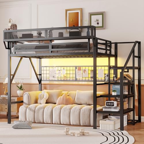 KEIKI Full Size Metal Loft Bed Frame with Grid &