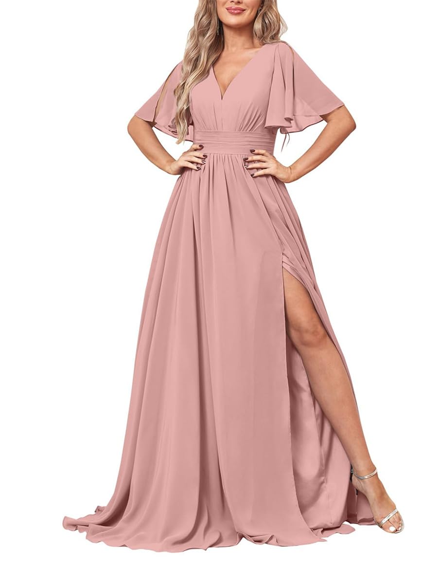 Hppee Women's Dusty Rose Bridesmaid Dresses With Sleeves For Plus Size Chiffon Short Sleeve Formal Dress With Slit Uk22