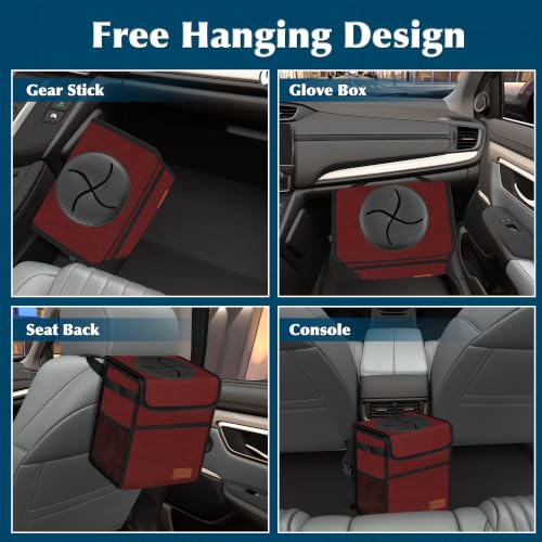 Image of Femuar Leak Proof Car Trash Can with Lid, Collapsible Hanging Waterproof Car Trash Bag with Mesh Pocket for SUV Front Seat Headrest, Burgundy