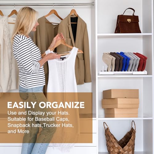 Image of Expandable Hat Stand for Baseball Caps, Bamboo Hat Organizer for 7 to 13 Baseball Caps, Hat Holder for Closet, Bedroom, Dresser, and Shoe Cabinets (White)