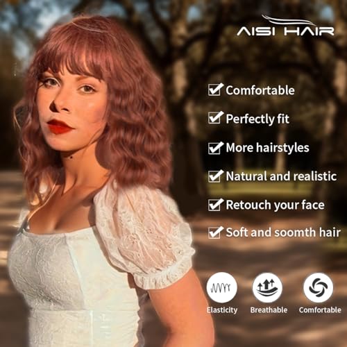 Image of AISI HAIR Synthetic Wavy Curly Bob Wig with Bangs Burnt Orange Short Wigs for Women Synthetic Heat Resistant Bob Wigs